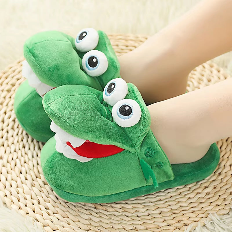 Cartoon Crocodile Cotton Slippers with Moving Mouth Funny Home Cotton Shoes Winter Walking Warm Christmas Gift for Men Women