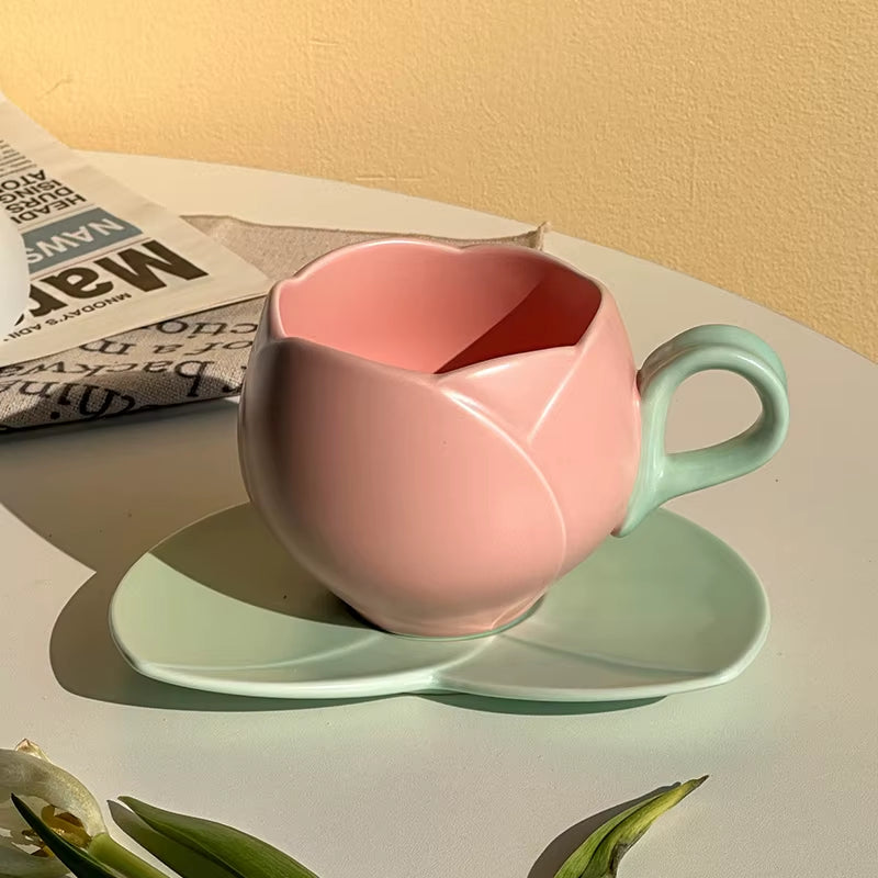 Ceramic Tulip Cups & Saucers Set with Tray - Flower-Shaped Coffee Mugs