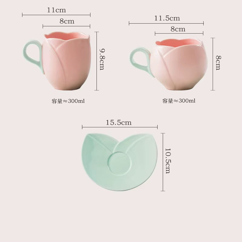 Ceramic Tulip Cups & Saucers Set with Tray - Flower-Shaped Coffee Mugs